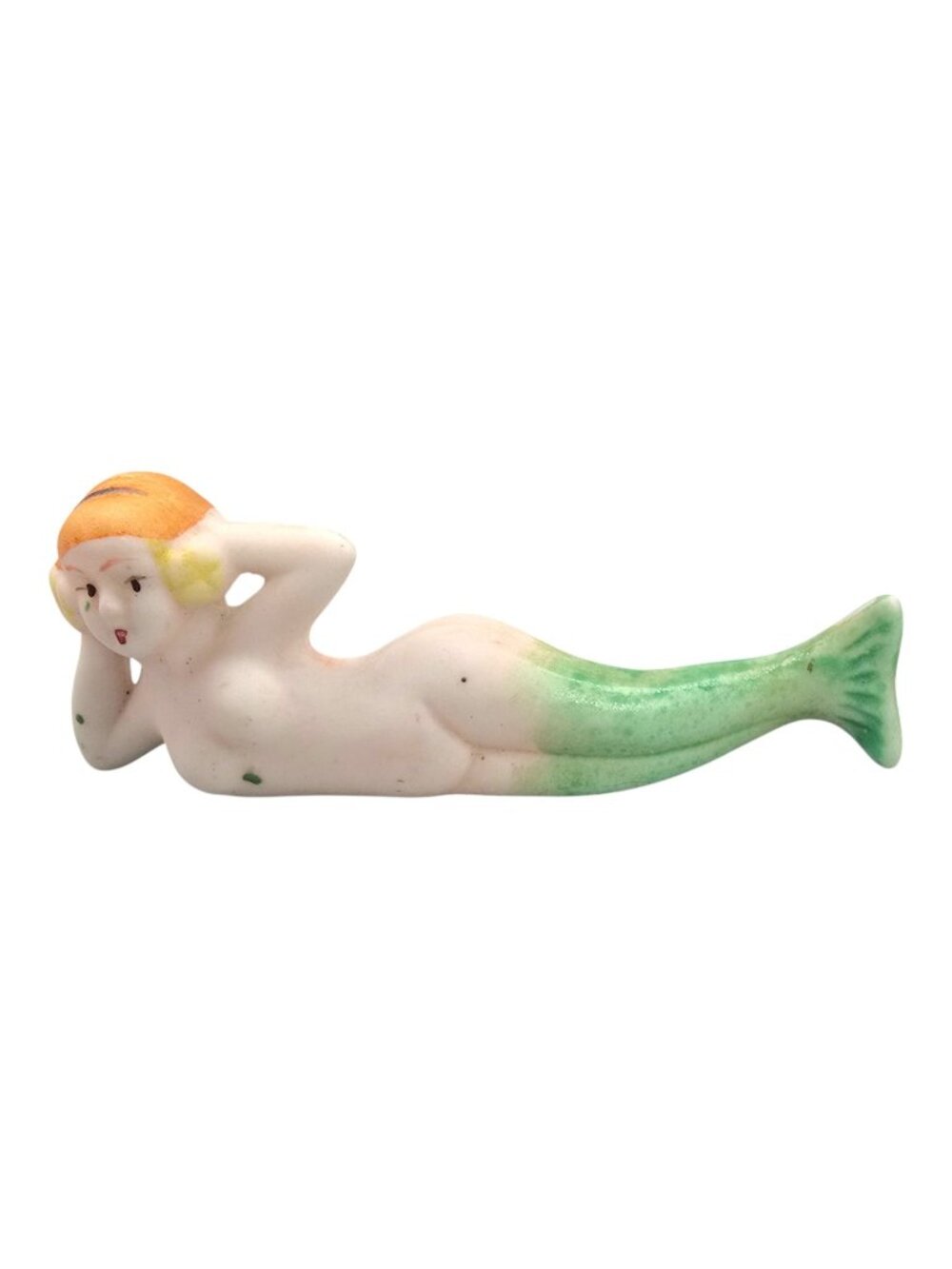 Vintage Bisque Bathing Beauty Mermaid Figurines 3" Green Japan Female Nude